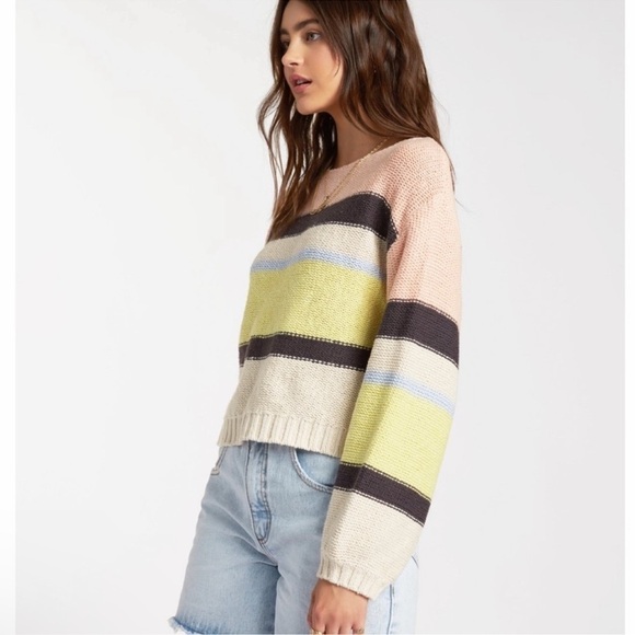 Billabong Size Large Seeing Stripes Sweater Pastel Colorblock Beachy Boho Hippie - Picture 12 of 12